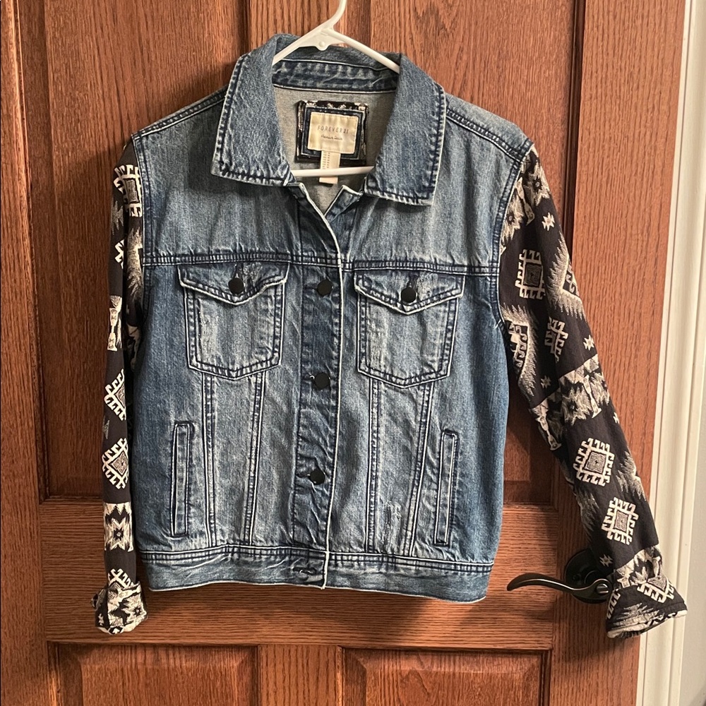 Forever 21 Blue Denim Jacket with Black Patterned Sleeves